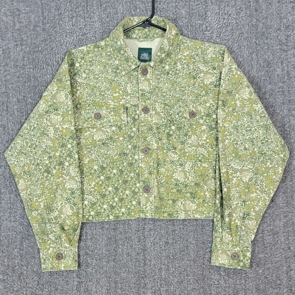 Wild Fable Jean Jacket Womens Small Green Floral Denim Crop Boho Cottagecore